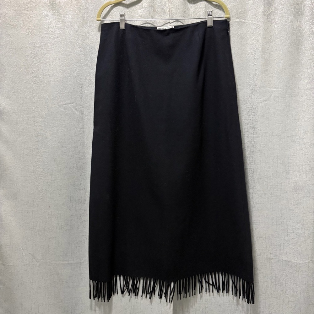 Pendleton Black Fringe Hem Midi Skirt 100% virgin wool 14